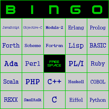 Computer Programming Languages Bingo Card
