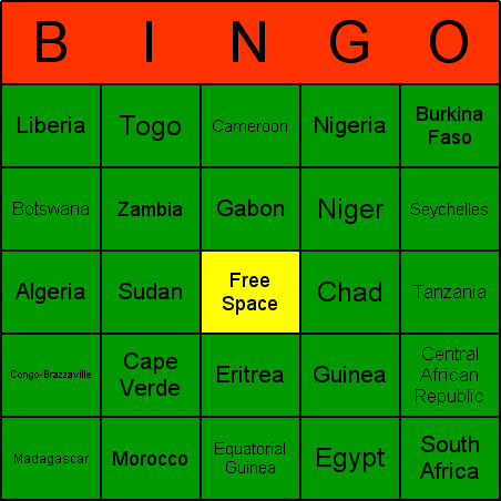 African countries Bingo Card