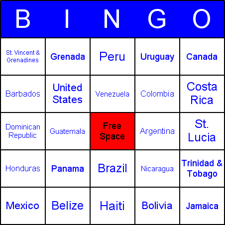American countries Bingo Card