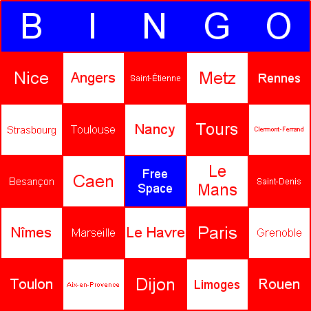 French cities Bingo Card