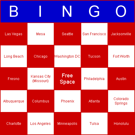 USA cities Bingo Card