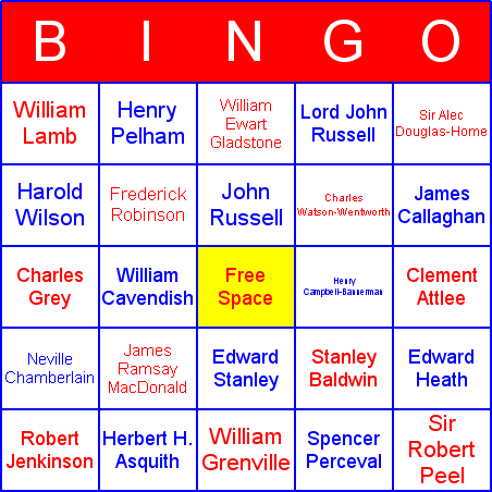 British Prime Ministers Bingo Card